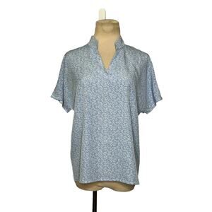 Shein blue white floral short sleeves v neck blouse size Small